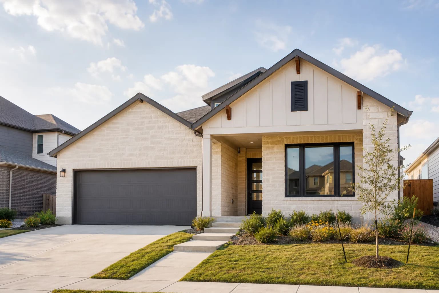 Recently completed suburban home with a light stone facade and charcoal trim.