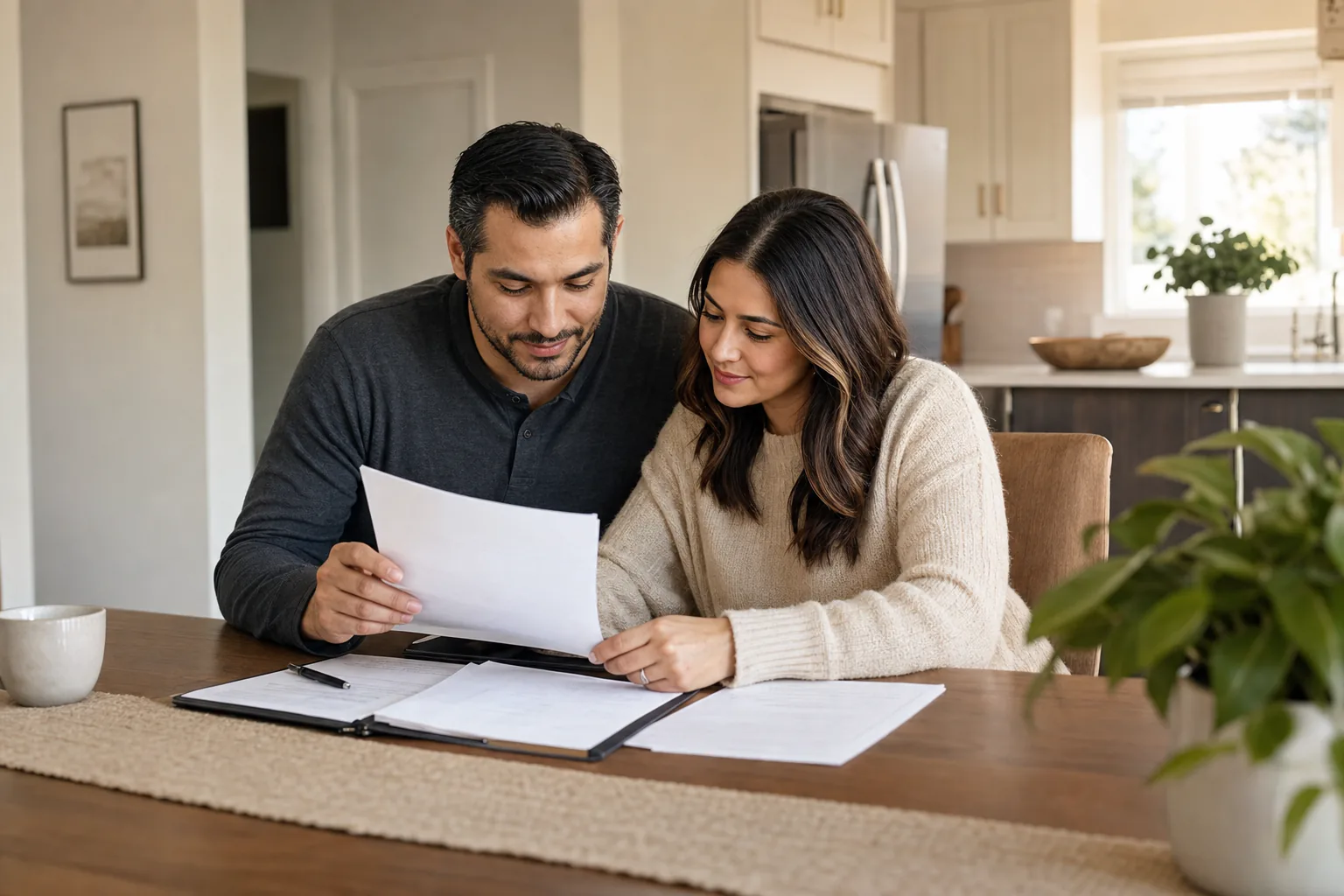 Two homeowners reviewing closing paperwork together at their kitchen table.